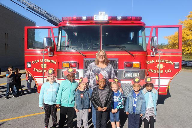 Students in front of the firetruck
