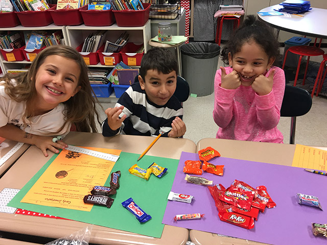 Students investigating candy and numbers