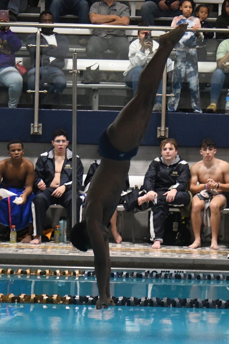 Newburgh’s Akhiir McNeil dives during a boys’ swimming meet on Dec. 5 at Newburgh Free Academy’s Main Campus.
